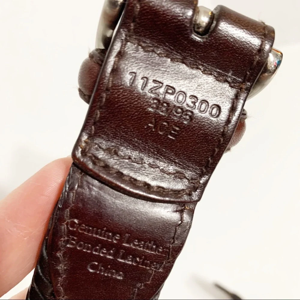 Ace Leather Belt Woven Sides Webbing Center Silver Toned Hardware Square Buckle